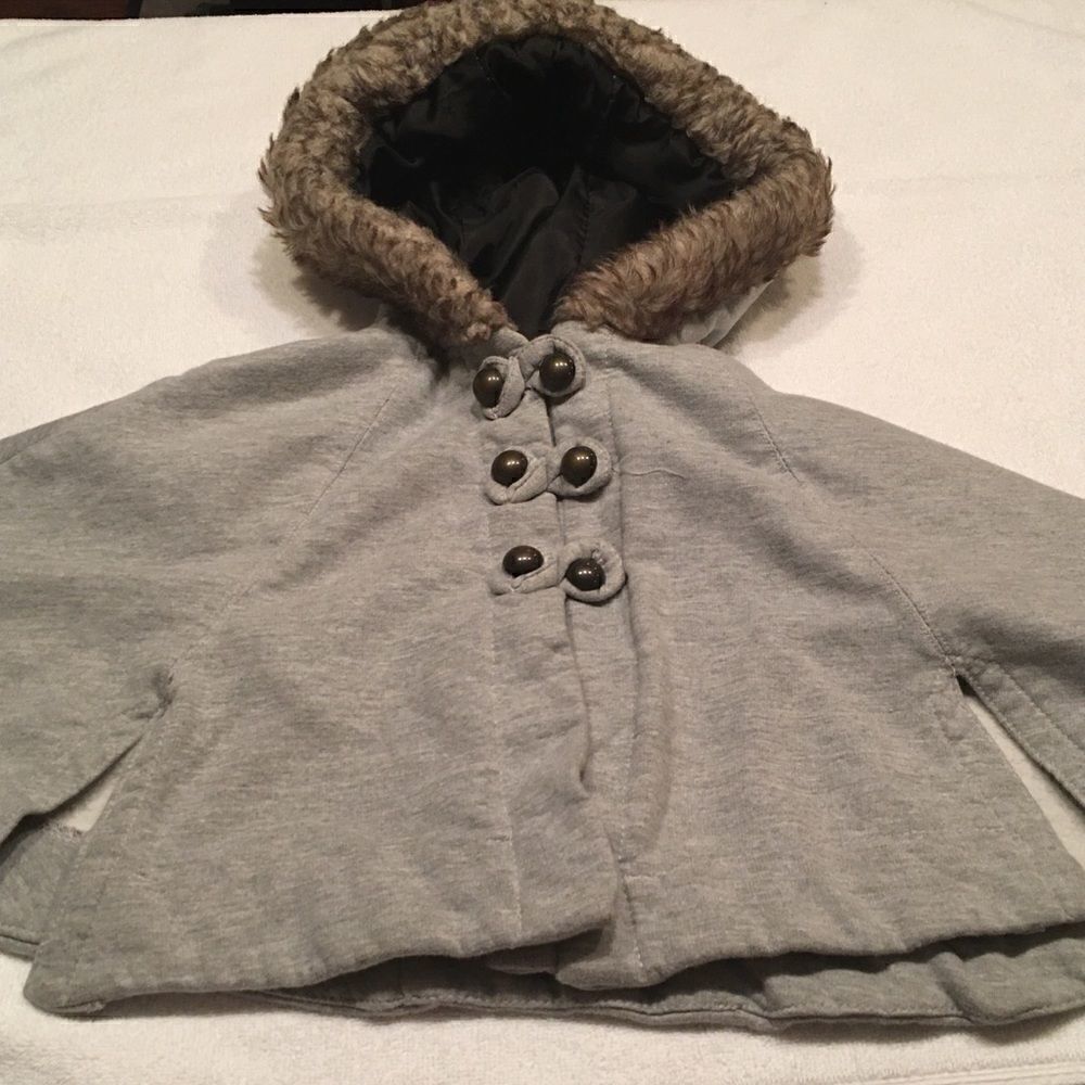 Max Studio baby size 3T gray hooded poncho coat faux fur trim button front